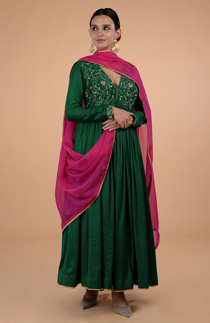 Iktara Bottle Green-Pink Zardozi Embroidered Anarkali Set