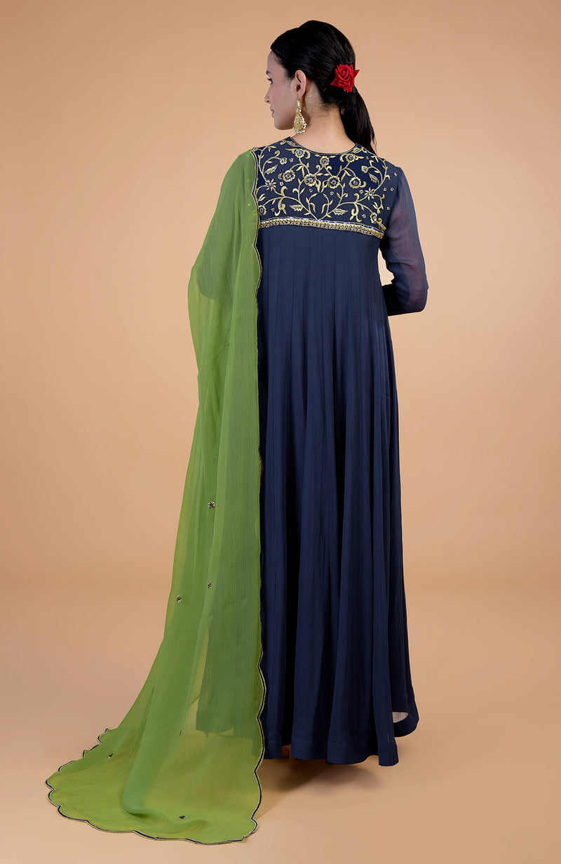 Iktara Midnight Blue - Green Resham & Zardozi Embroidered Anarkali Set