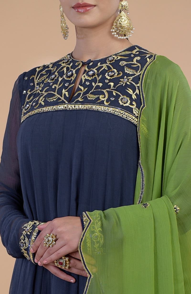 Iktara Midnight Blue - Green Resham & Zardozi Embroidered Anarkali Set