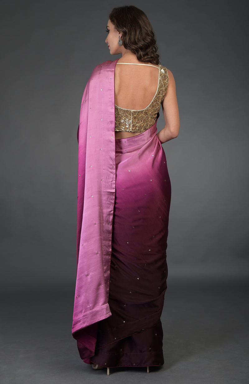 Wine-Pink Ombre Sequin & Zardozi Hand Embroidered Saree