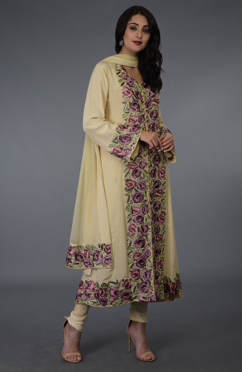 Lemon Chiffon Parsi Gara Embroidered Suit