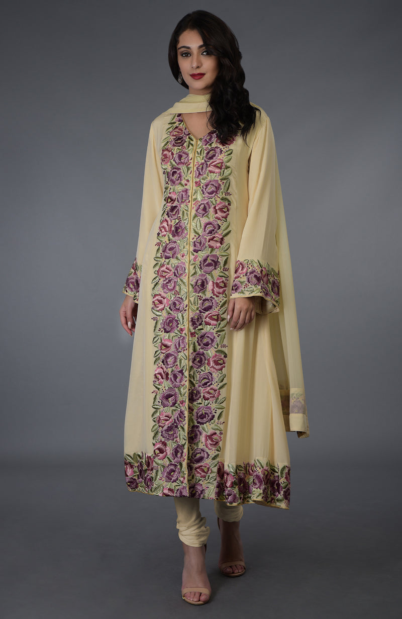 Lemon Chiffon Parsi Gara Embroidered Suit