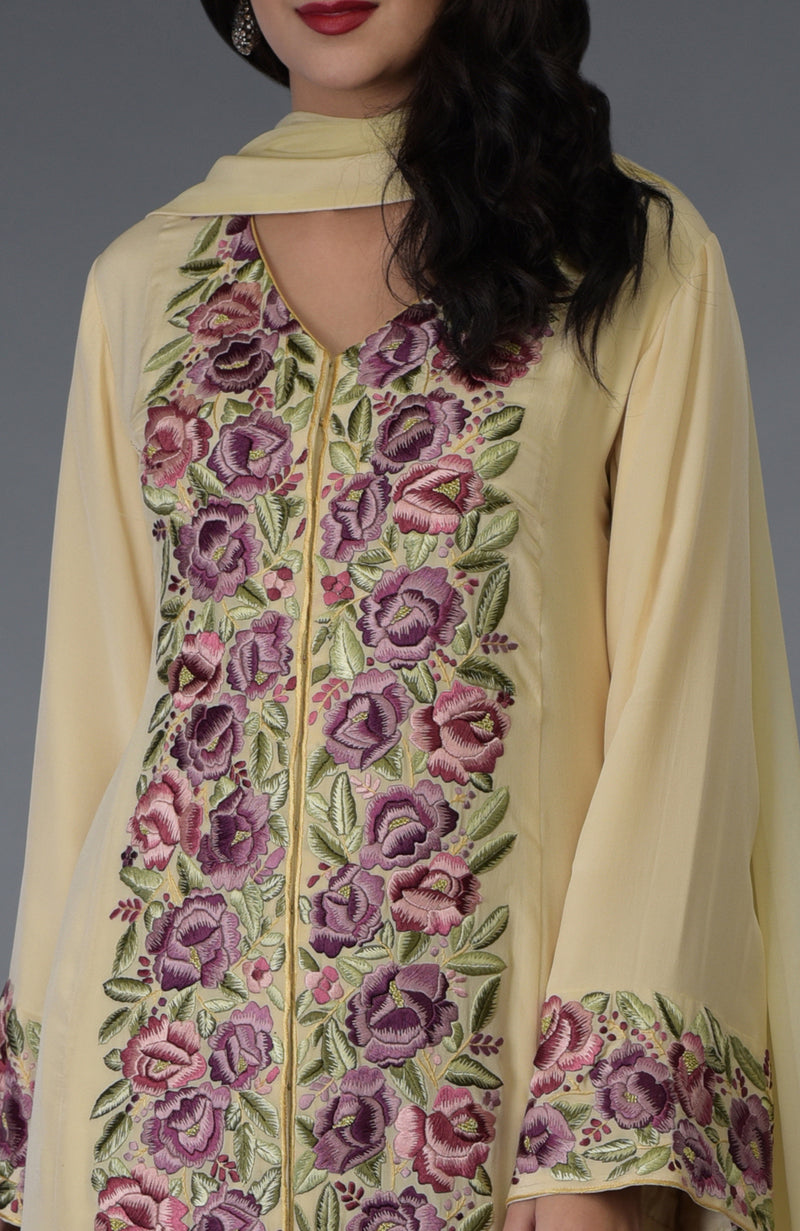 Lemon Chiffon Parsi Gara Embroidered Suit