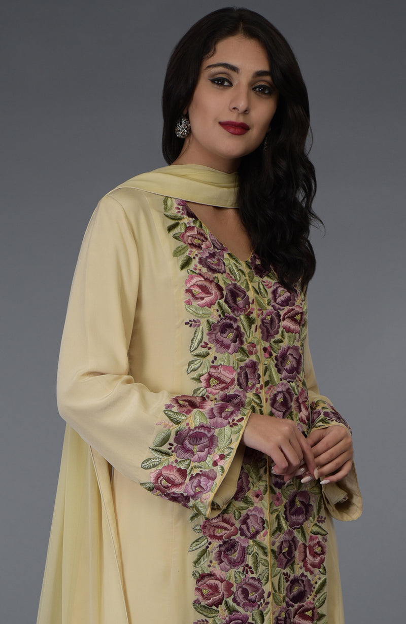 Lemon Chiffon Parsi Gara Embroidered Suit