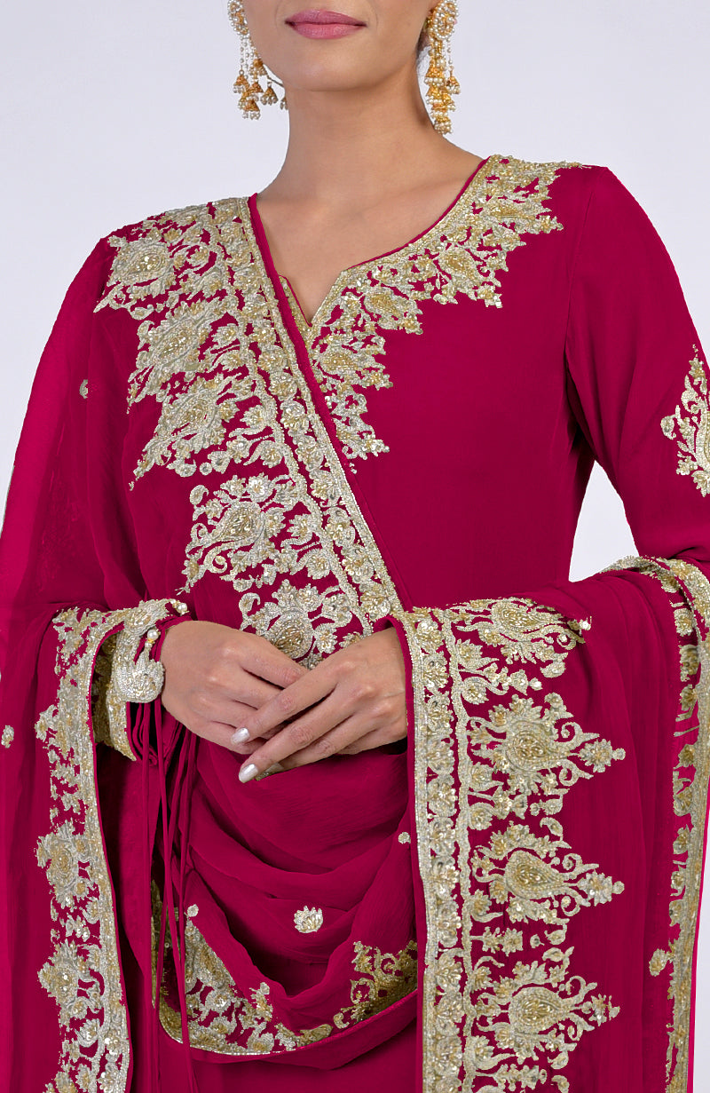 Bright Rose Gold Kashmiri Tilla & Zardozi Hand Embroidered Kurta Set
