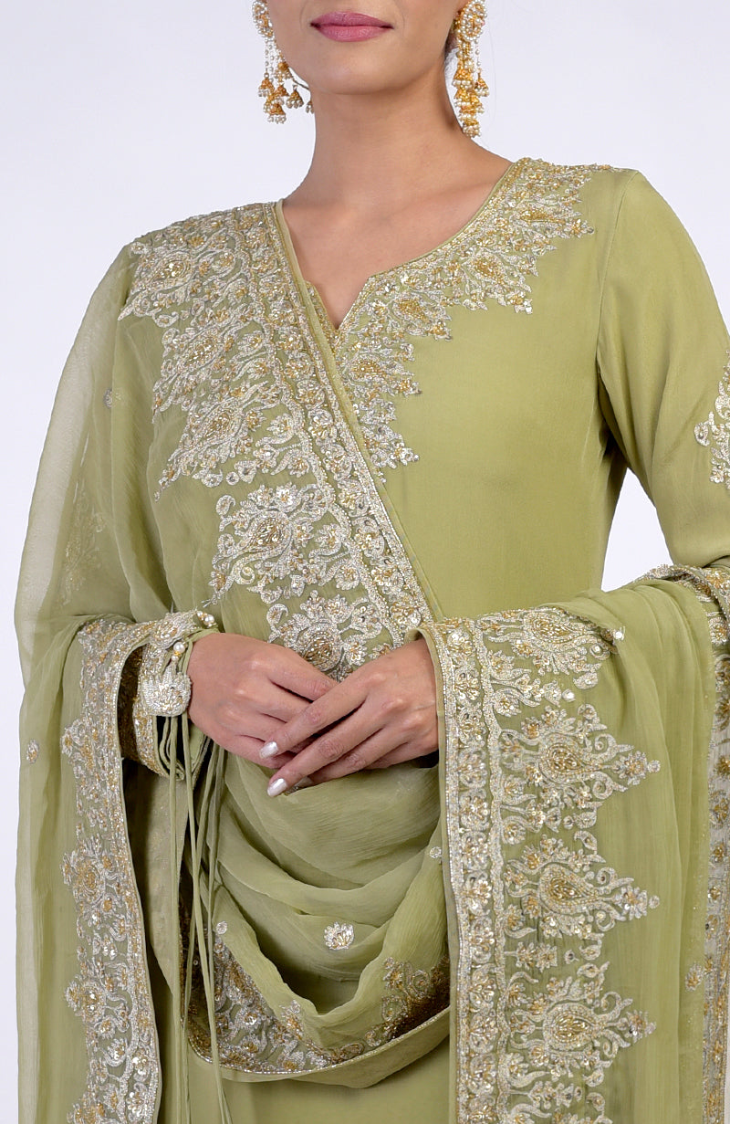 Bog Green Gold Kashmiri Tilla & Zardozi Hand Embroidered Kurta Set