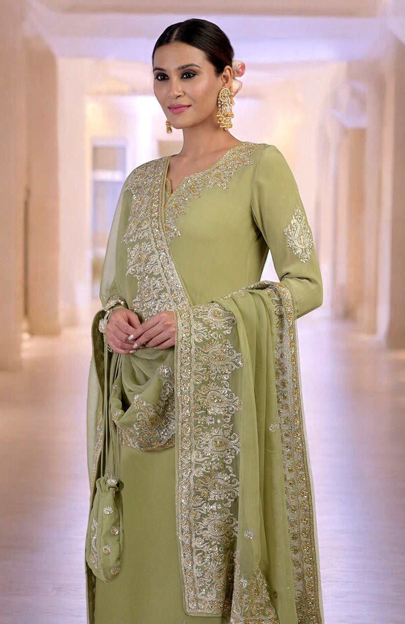 Bog Green Gold Kashmiri Tilla & Zardozi Hand Embroidered Kurta Set