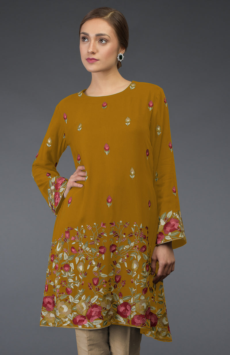 Dijon Mustard Parsi Embroidered Tunic Suit