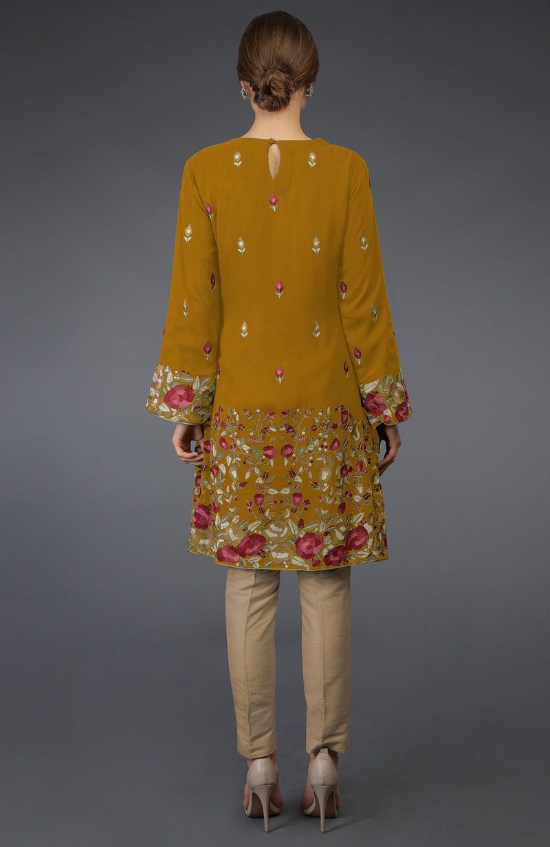 Dijon Mustard Parsi Embroidered Tunic Suit