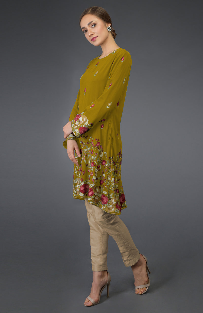 Mustard Parsi Embroidered Tunic Suit