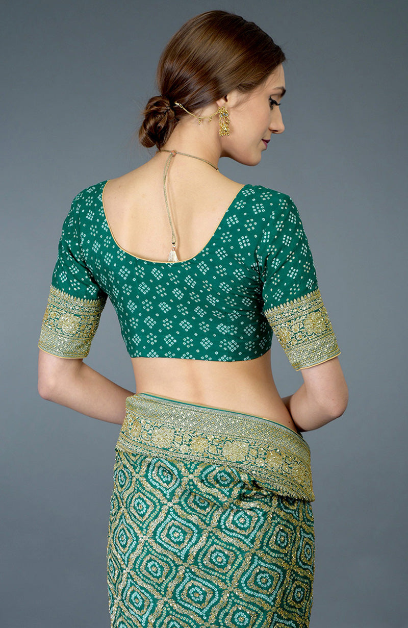 Pre-Order Green Bandhej & Banarasi Zari Zardozi Hand Embroidered Saree