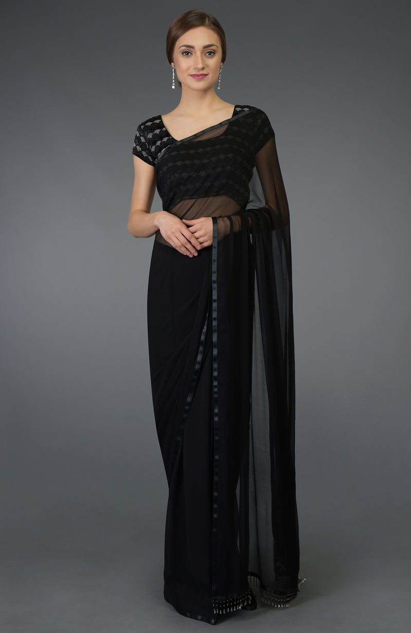 Black Pure Chiffon Saree with Zardozi & Beads Work Blouse