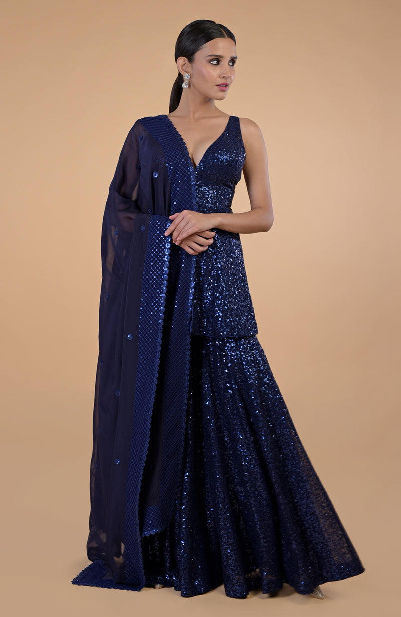 Sapphire Blue Sequin Embroidered Sharara Set