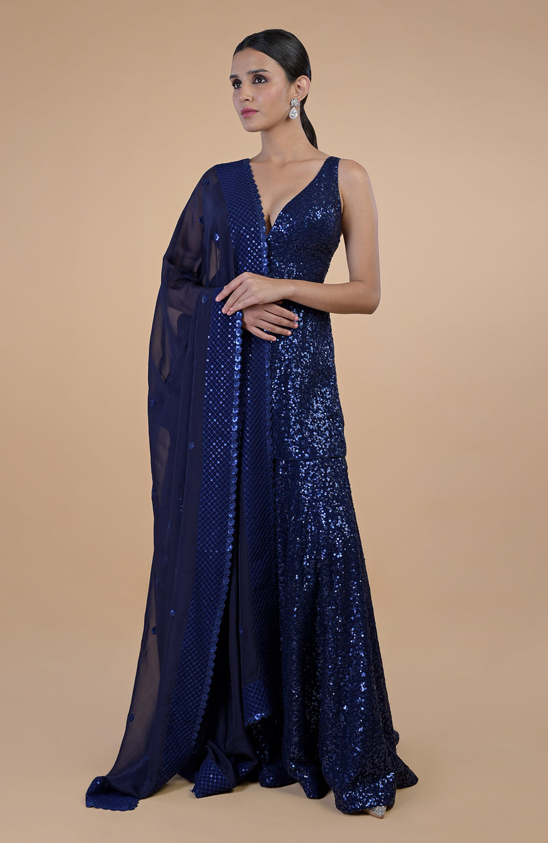Sapphire Blue Sequin Embroidered Sharara Set