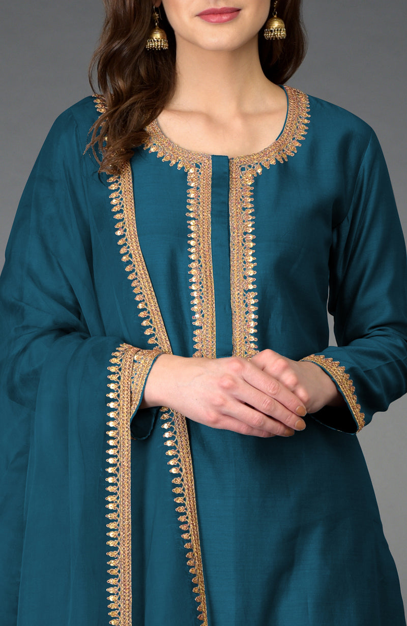 Peacock Blue Marori and Sequin Work Farshi Palazzo Suit