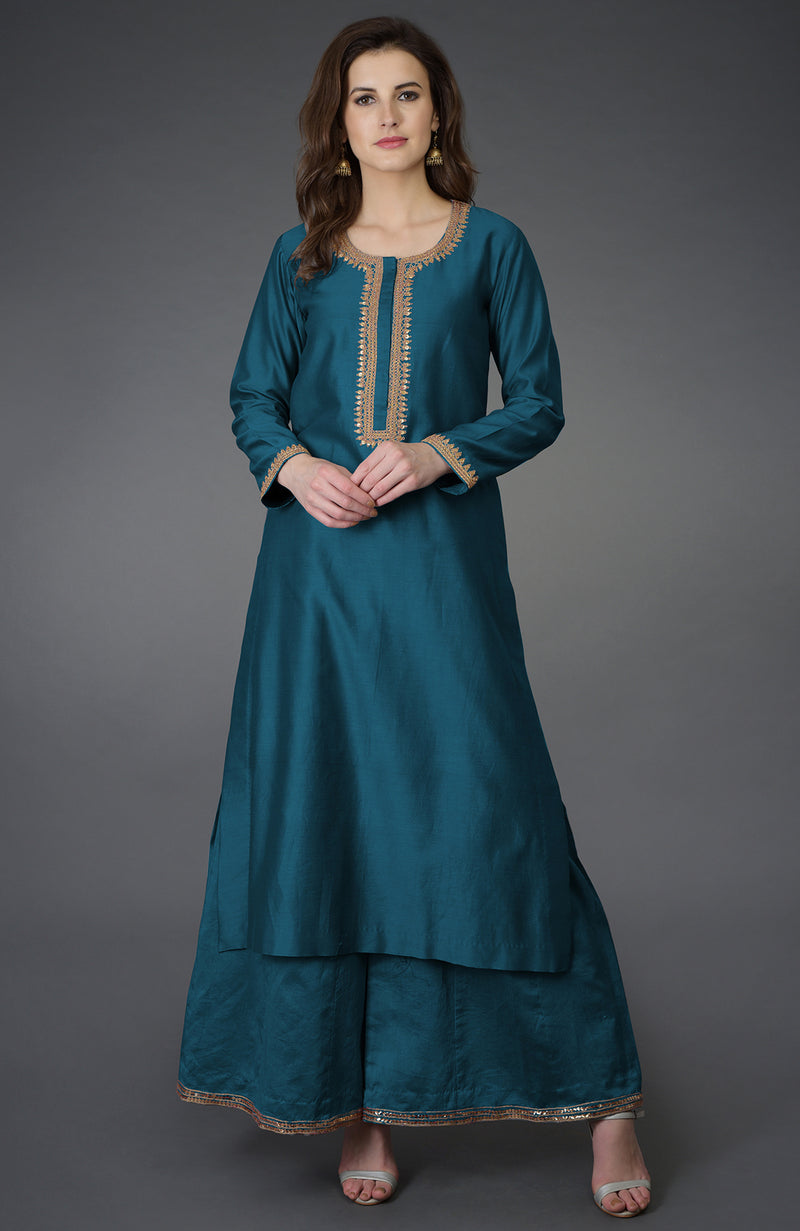 Peacock Blue Marori and Sequin Work Farshi Palazzo Suit