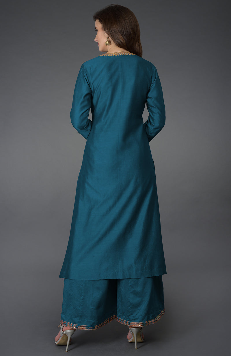 Peacock Blue Marori and Sequin Work Farshi Palazzo Suit