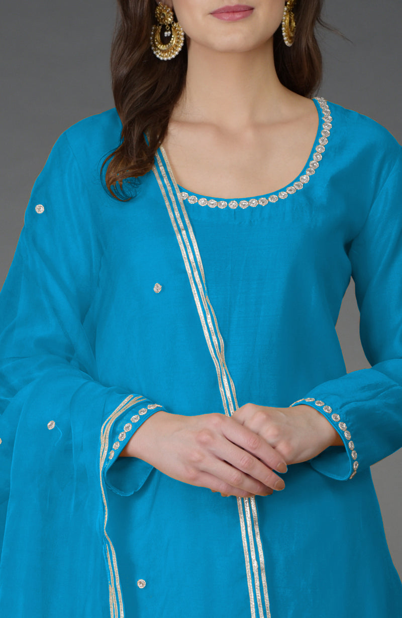 Teal Zardozi and Crystal Work Farshi Palazzo Suit