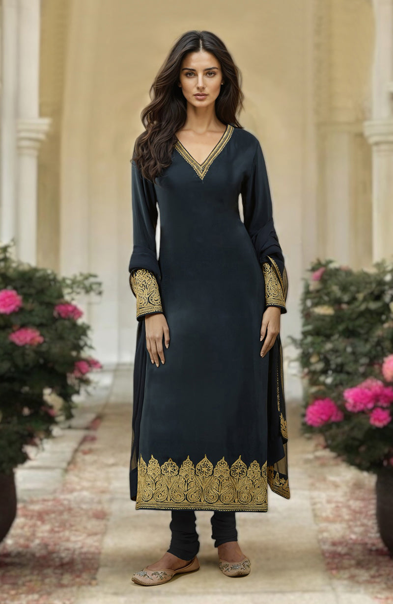 Black Gold Kashmiri Tilla Aari Embroidered Kurta Set