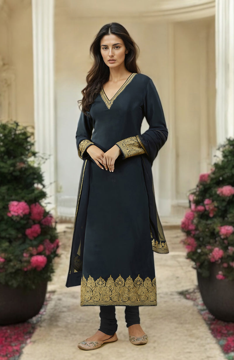 Black Gold Kashmiri Tilla Aari Embroidered Kurta Set
