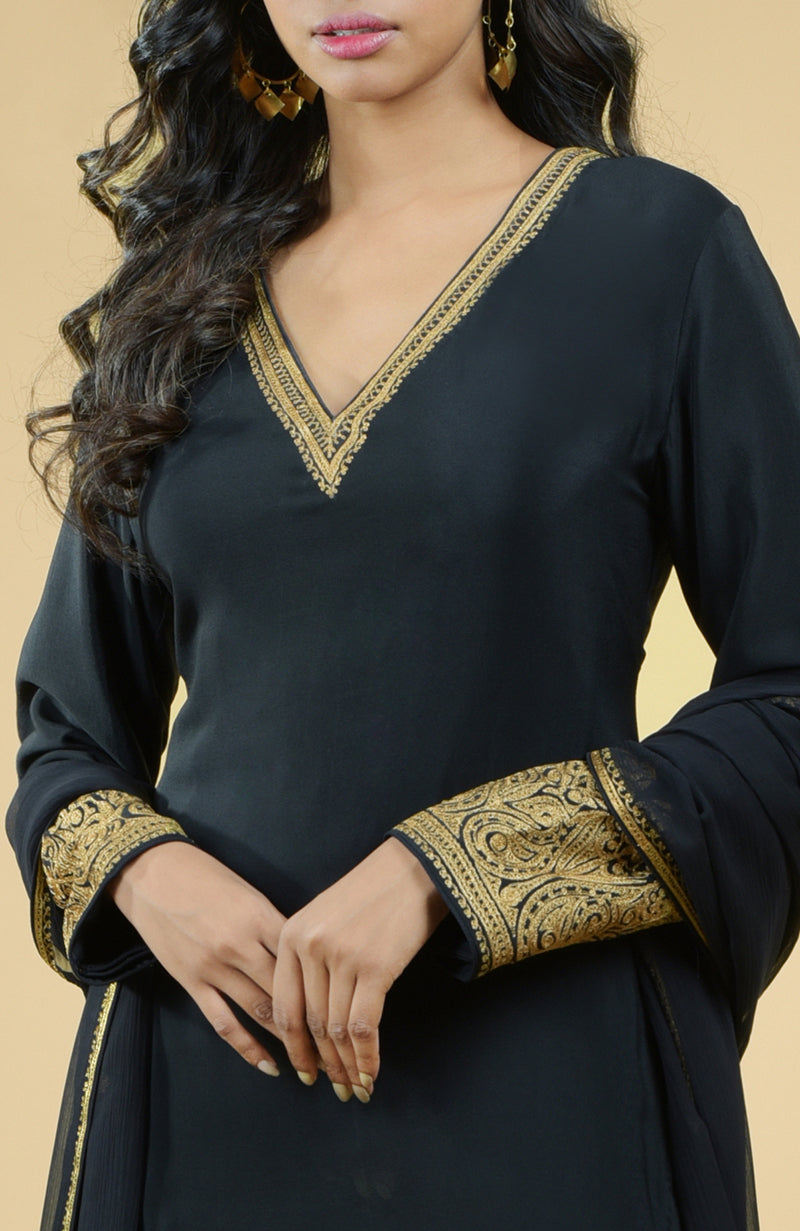 Black Gold Kashmiri Tilla Aari Embroidered Kurta Set