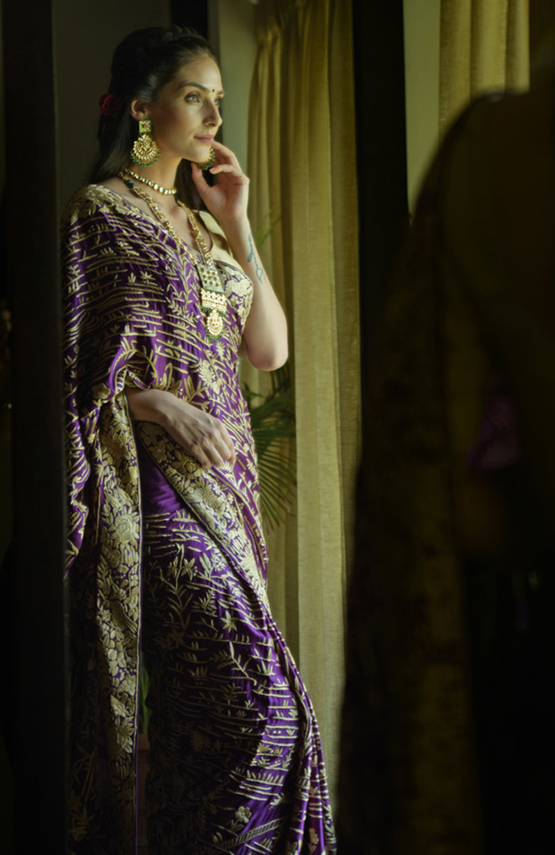 Masterpiece Purple Parsi Gara Hand Embroidered Saree