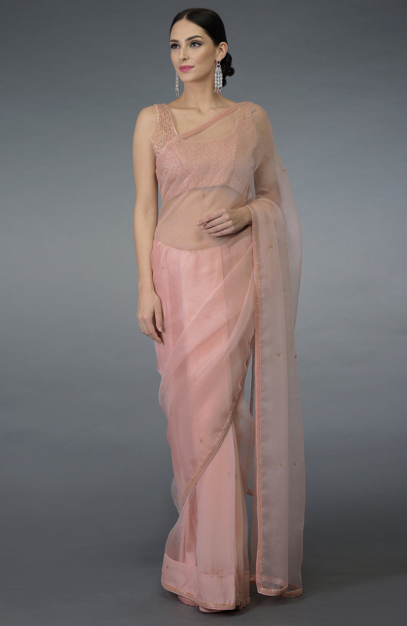 Pastel Peach Beads Hand Embroidered Saree & Blouse