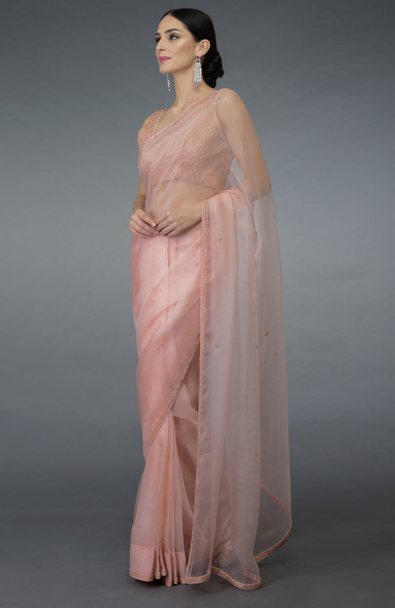 Pastel Peach Beads Hand Embroidered Saree & Blouse