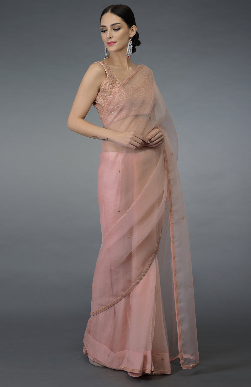 Pastel Peach Beads Hand Embroidered Saree & Blouse