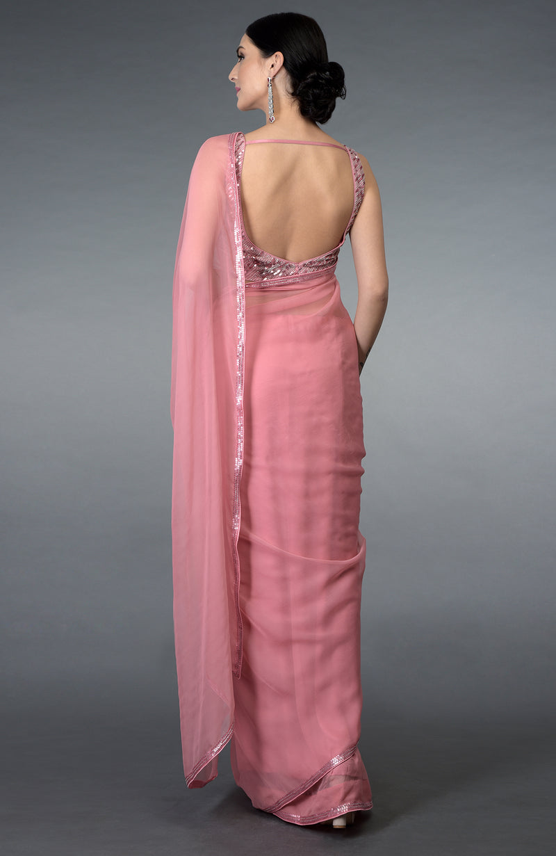 Pressed Rose Sequin & Beads Work Saree with Blouse