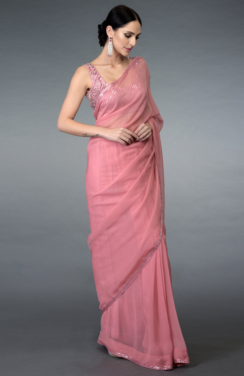 Pressed Rose Sequin & Beads Work Saree with Blouse