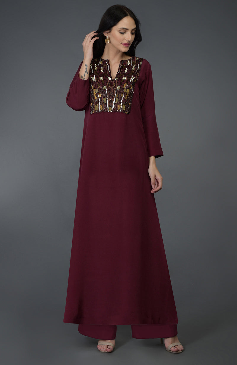 Burgundy Resham Sequin & Beads Embroidered Kurta Set