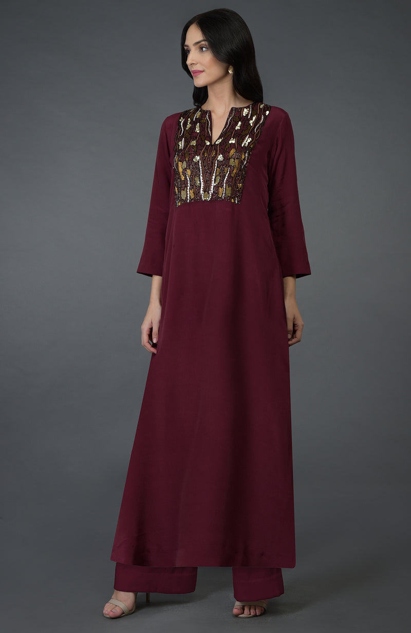 Burgundy Resham Sequin & Beads Embroidered Kurta Set