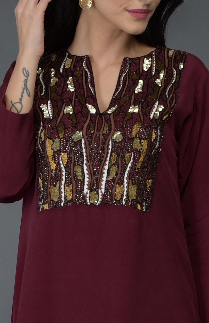 Burgundy Resham Sequin & Beads Embroidered Kurta Set