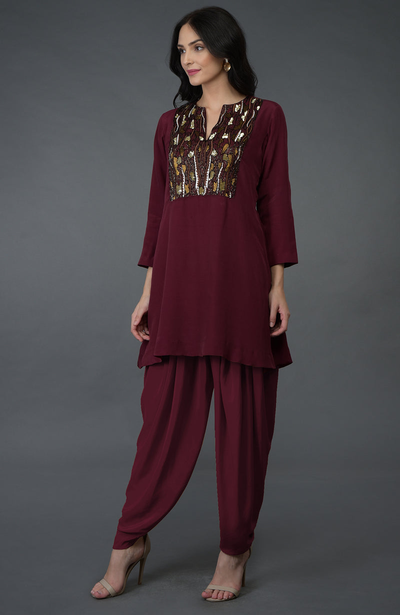 Burgundy Resham Sequin & Beads Embroidered Dhoti Pants Suit