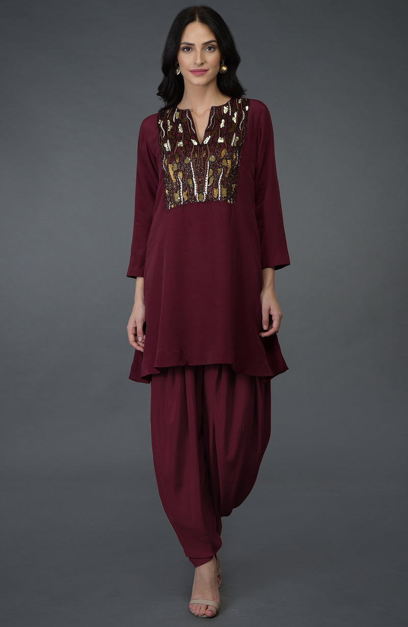 Burgundy Resham Sequin & Beads Embroidered Dhoti Pants Suit