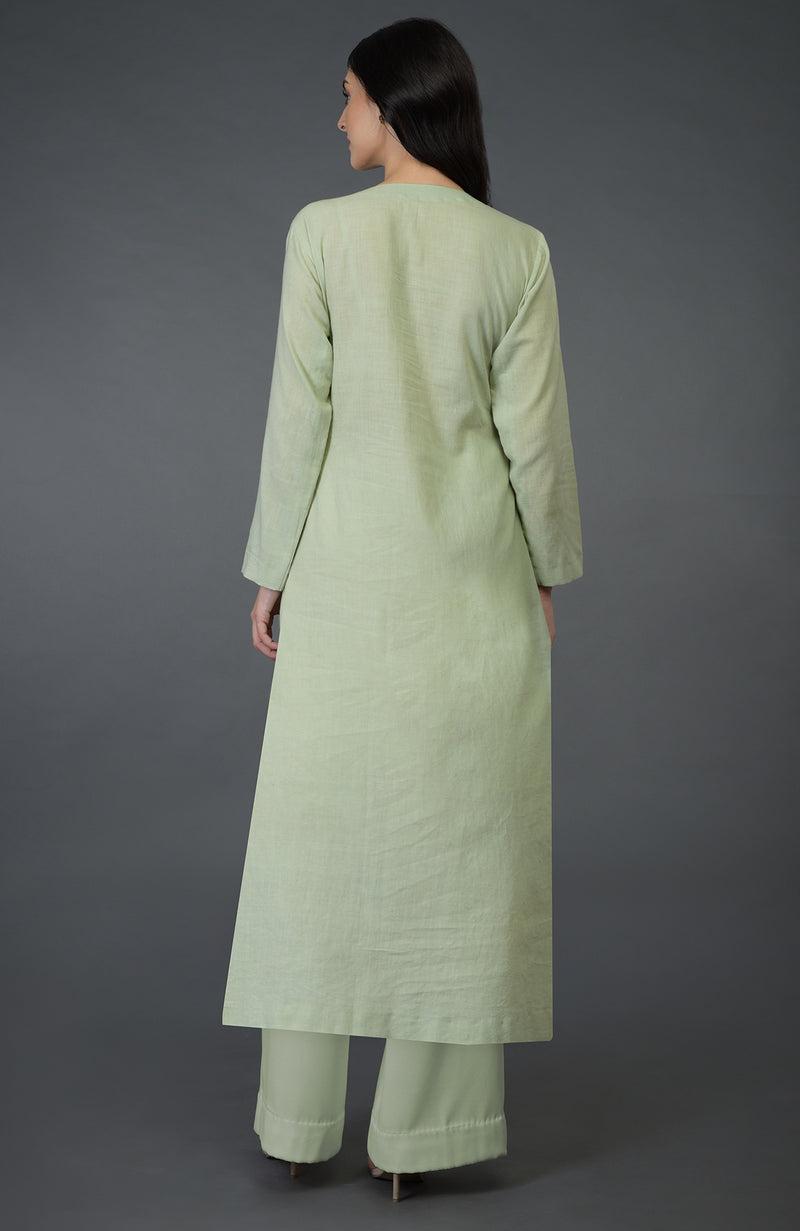 Pista Green Birds & Floral Embroidered Kurta Set