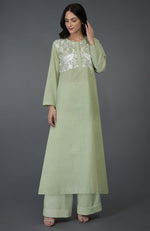 Pista Green Birds & Floral Embroidered Kurta Set