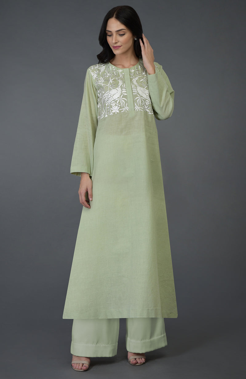 Pista Green Birds & Floral Embroidered Kurta Set