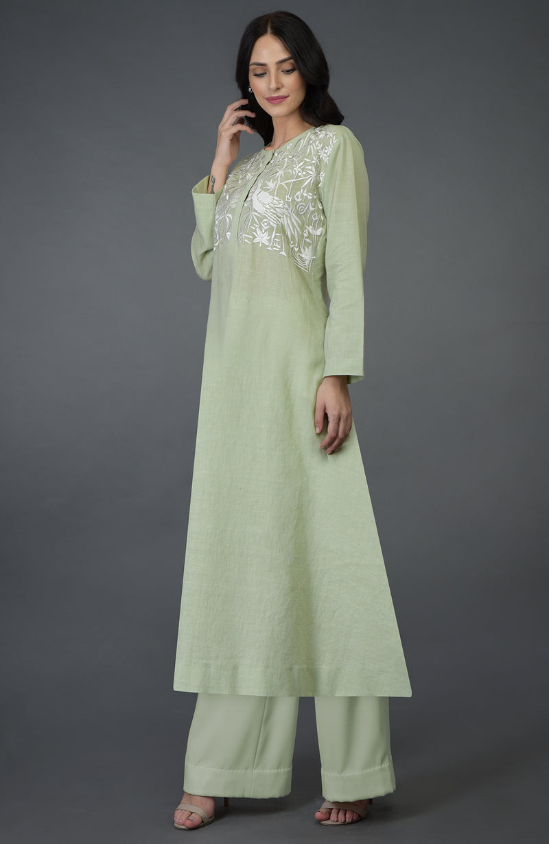 Pista Green Birds & Floral Embroidered Kurta Set