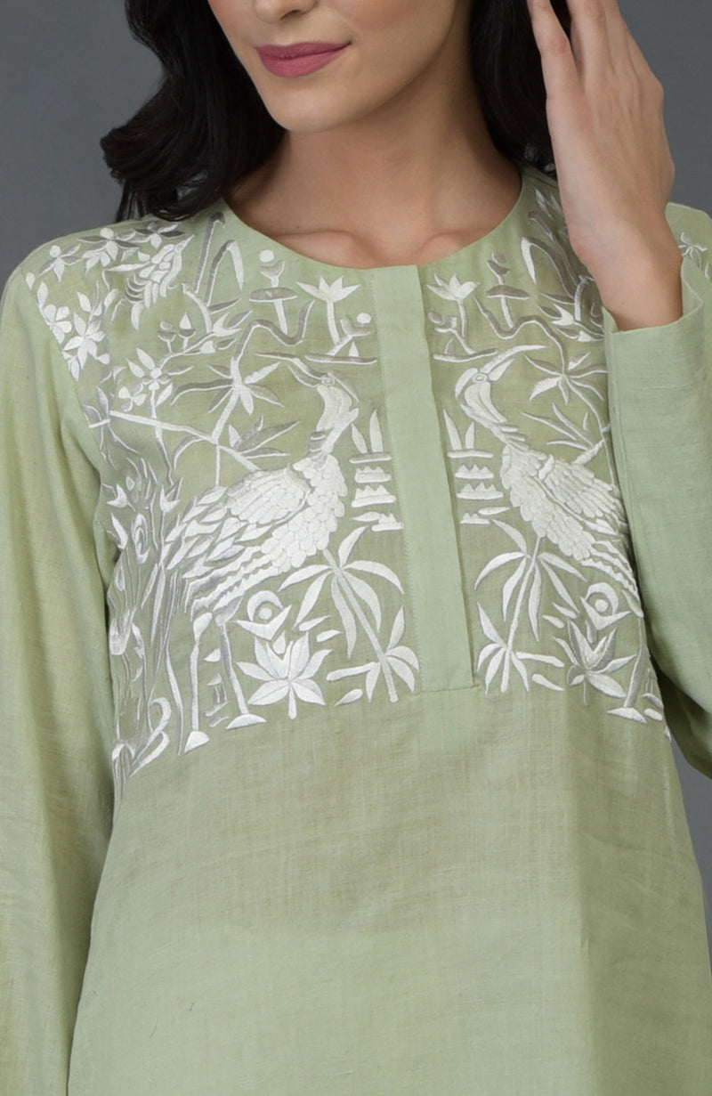Pista Green Birds & Floral Embroidered Kurta Set