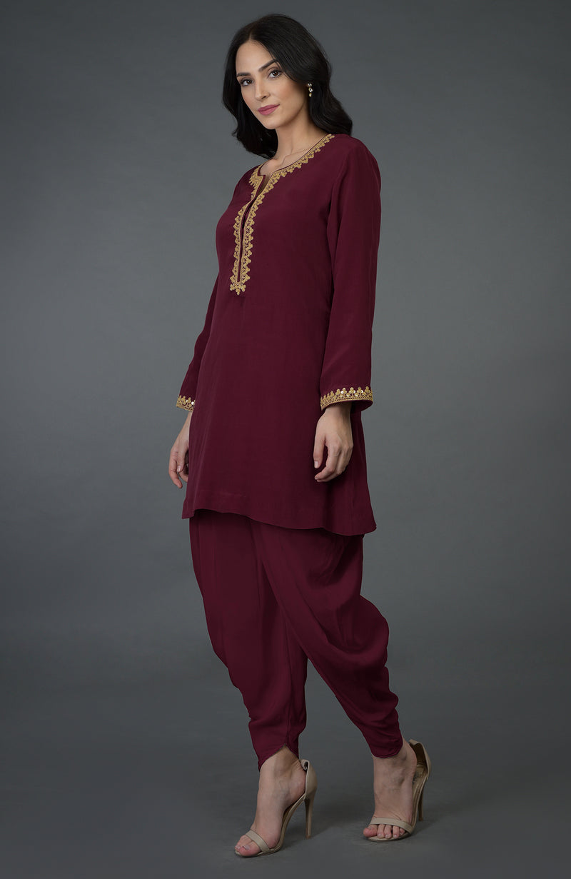 Burgundy Marori And Sequin Embroidered Dhoti Pants Suit