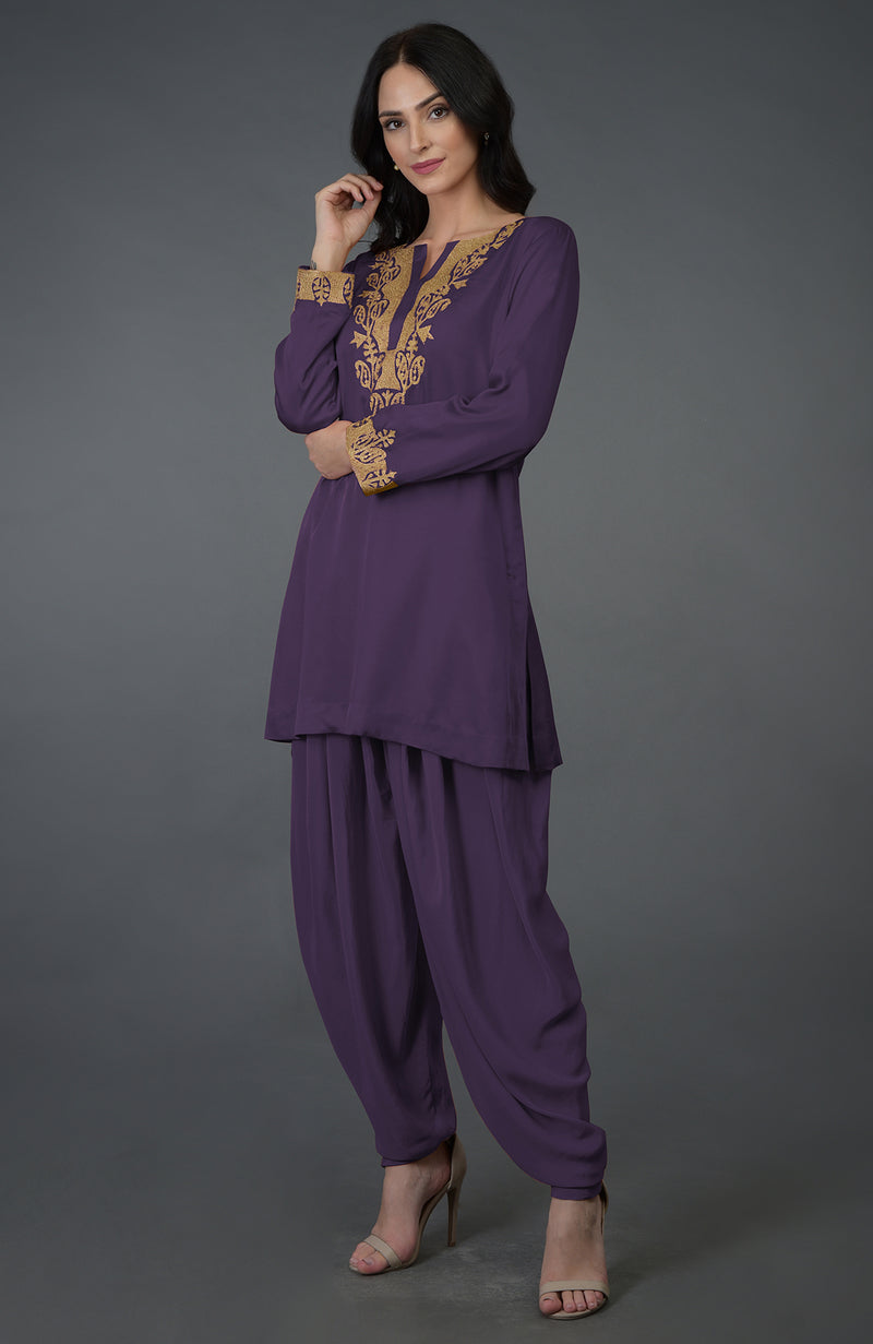 Mulled Grape Kashmiri Tilla Embroidered Dhoti Pants Suit