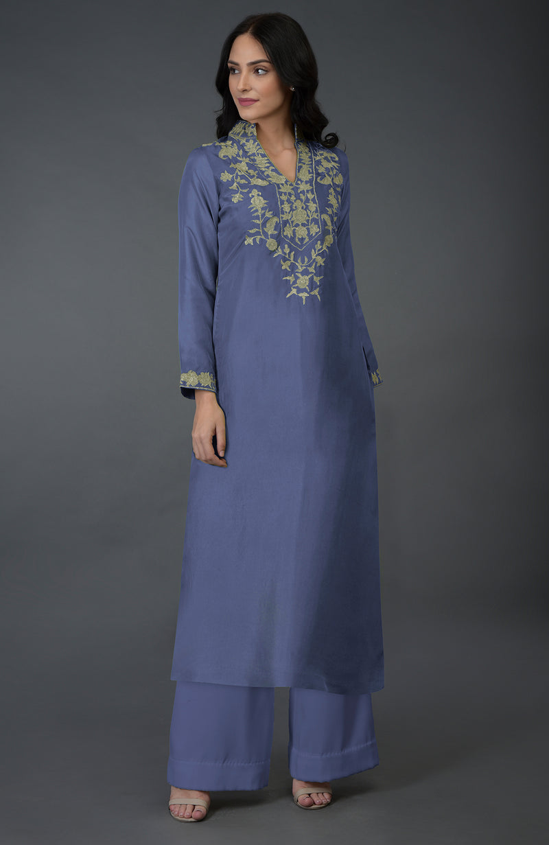 Iris Blue Kashmiri Tilla Embroidered Kurta Set