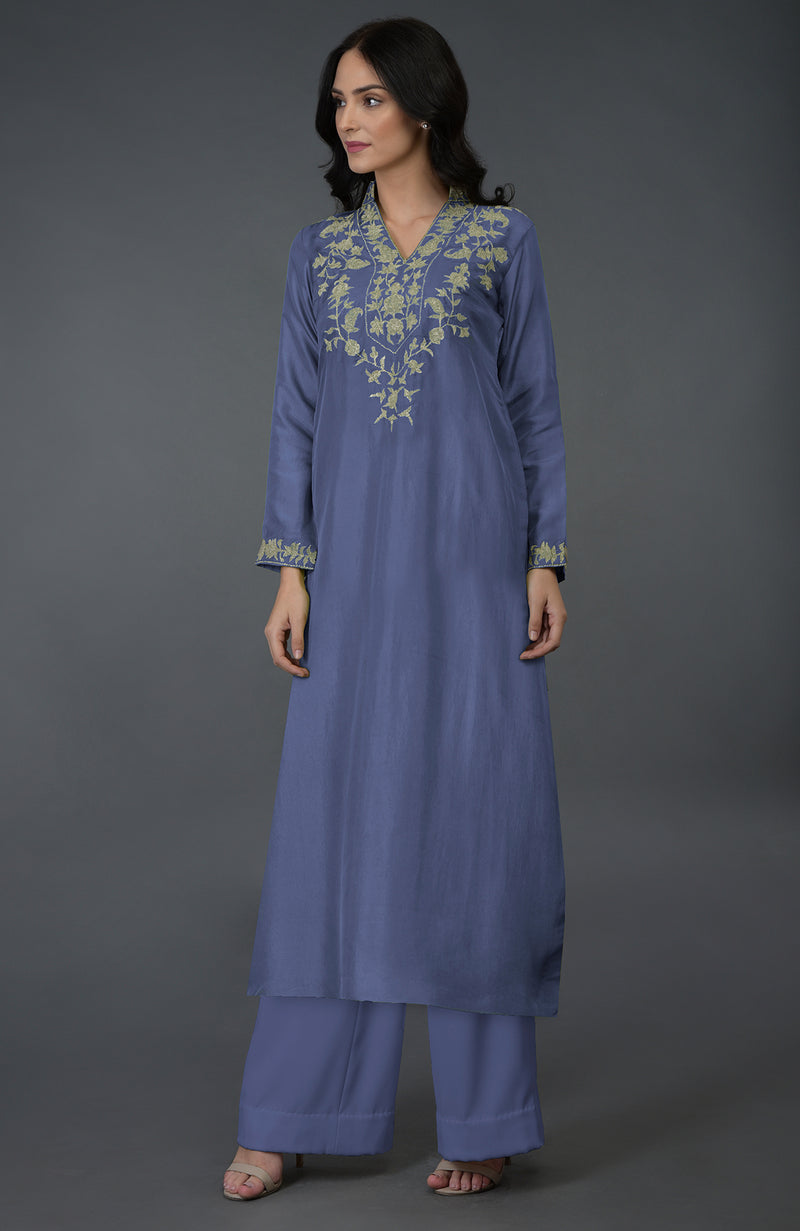 Iris Blue Kashmiri Tilla Embroidered Kurta Set