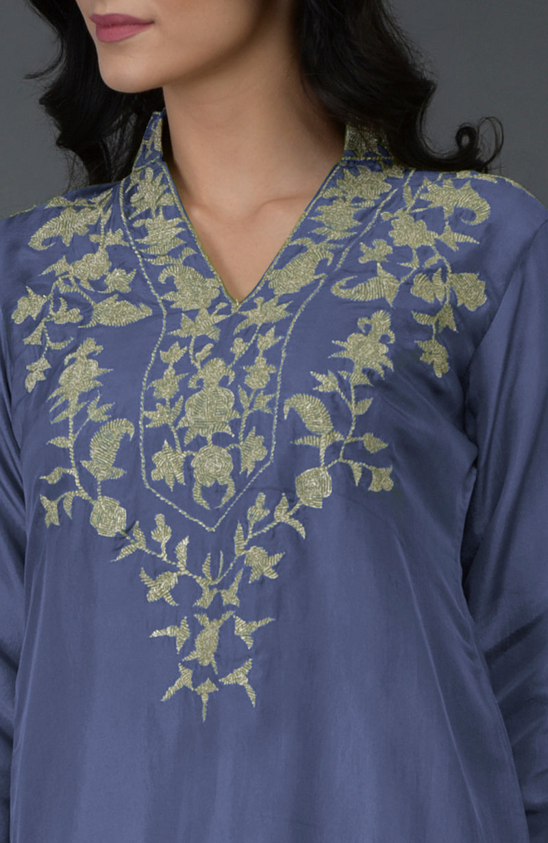 Iris Blue Kashmiri Tilla Embroidered Kurta Set