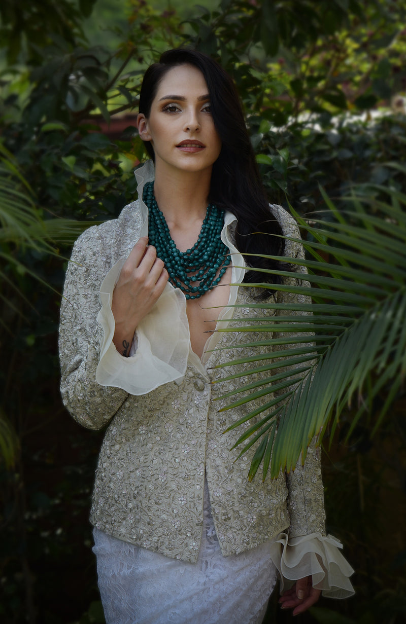 White Frost Sequin Beads and French Wire Hand Embroidered Jacket