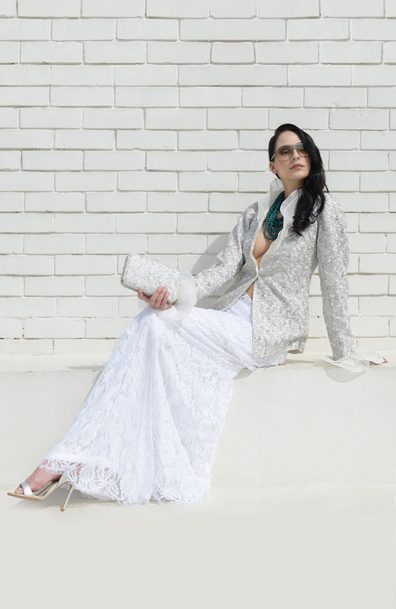 White Frost Sequin Beads and French Wire Hand Embroidered Jacket