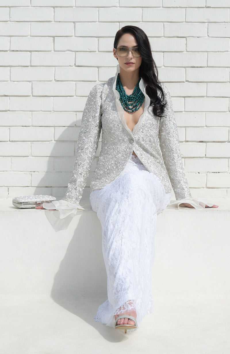 White Frost Sequin Beads and French Wire Hand Embroidered Jacket
