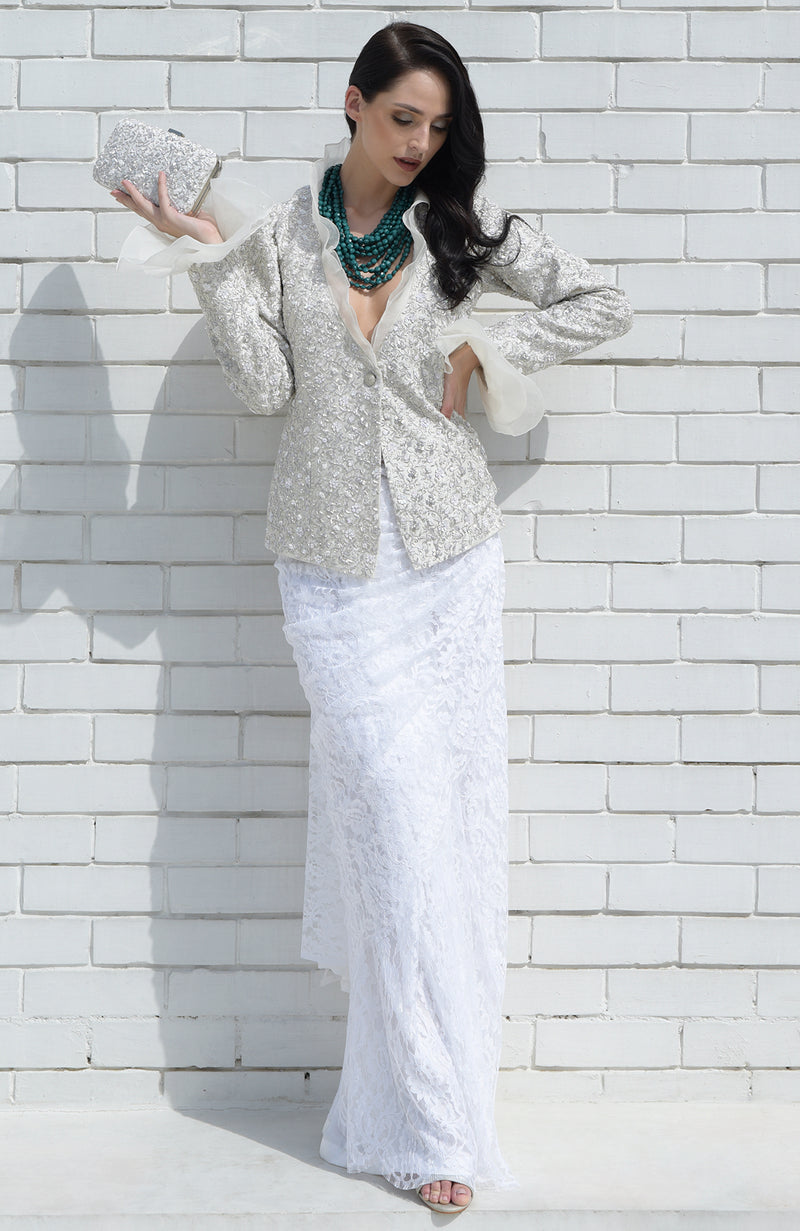 White Frost Sequin Beads and French Wire Hand Embroidered Jacket